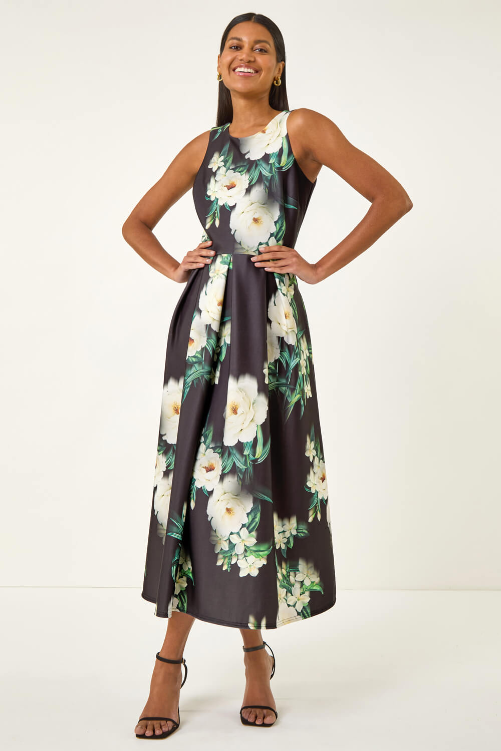 Roman Women's Black Floral Motif Premium Stretch Midi Dress Size 16