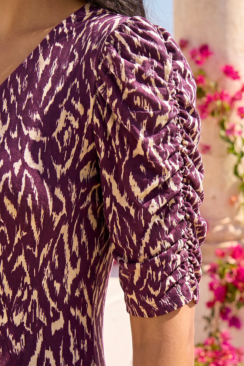 Wine Dusk Abstract Print Front Ruched Dress, Image 5 of 4