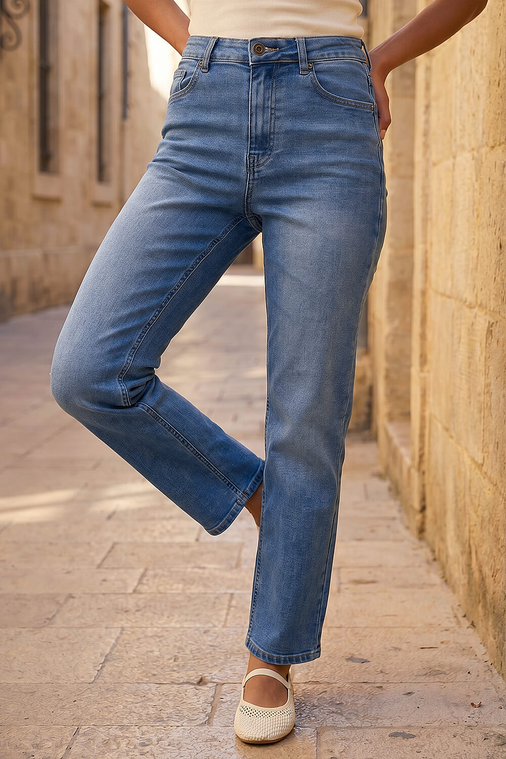 Light Denim Straight Leg Stretch Jeans, Image 3 of 4