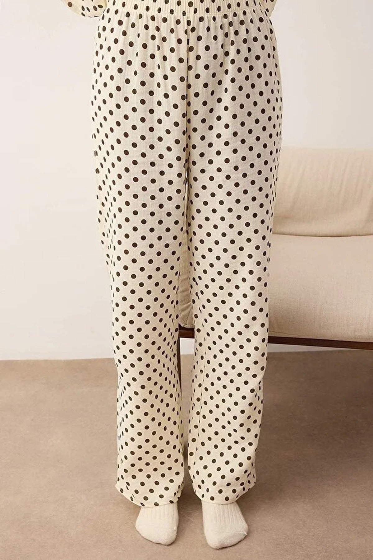 Ecru Polka Dot Cotton Muslin Wide Leg Long Sleeve Pyjama Set, Image 3 of 3