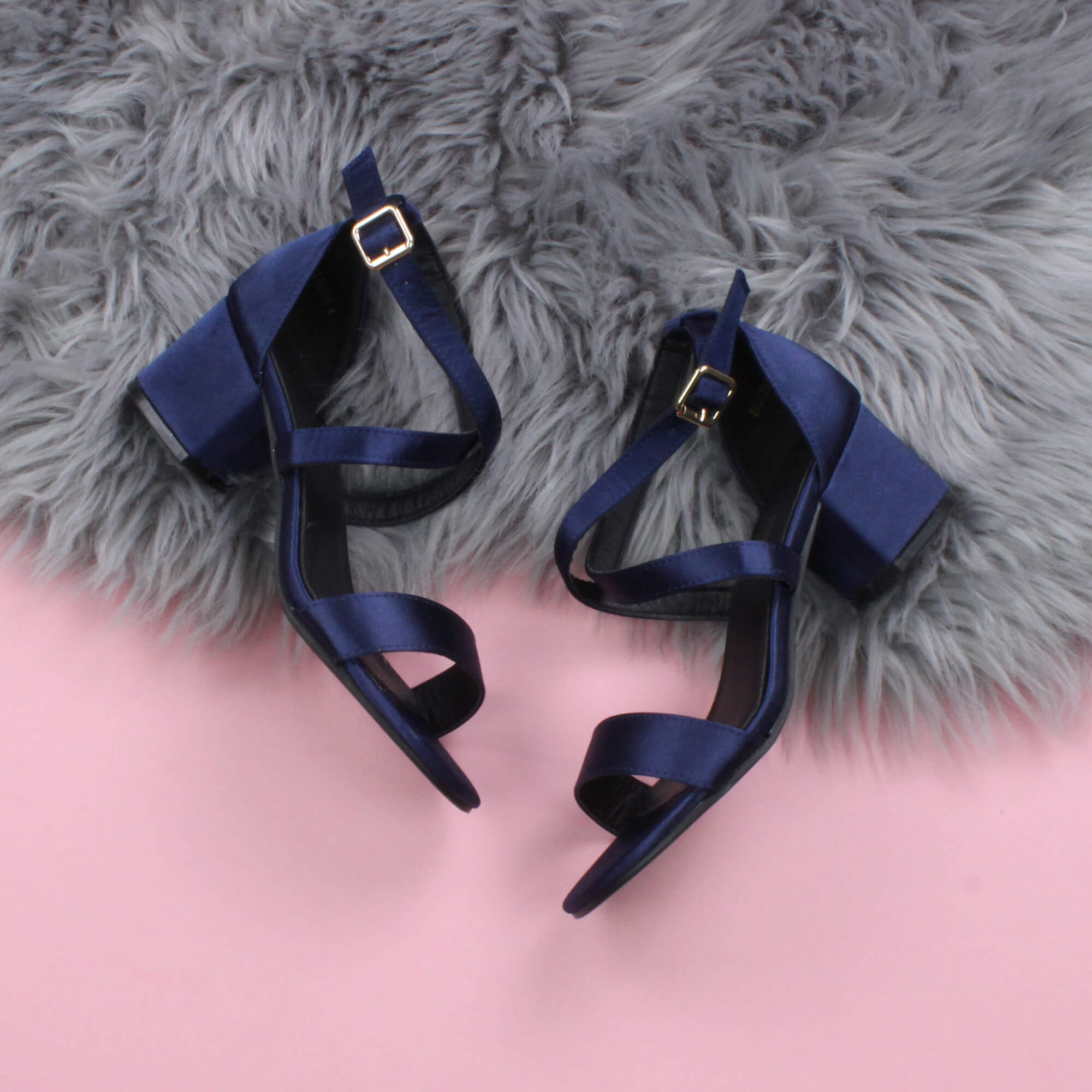 Navy Blue AJVANI Navy Blue Mid Block Heel Crossed Straps Sandals, Image 4 of 6
