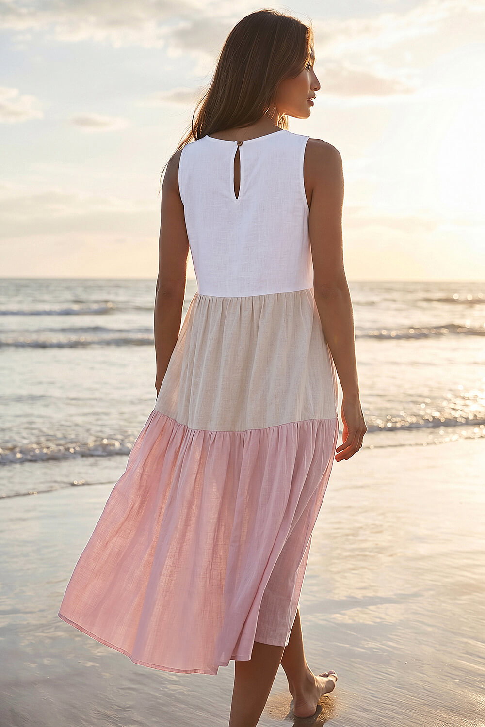 Light Pink Colour Block Tiered Linen Blend Midi Dress, Image 4 of 4