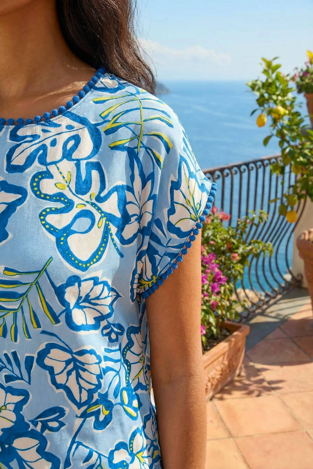 Blue Leaf Print Bobble Trim Tee, Image 5 of 4