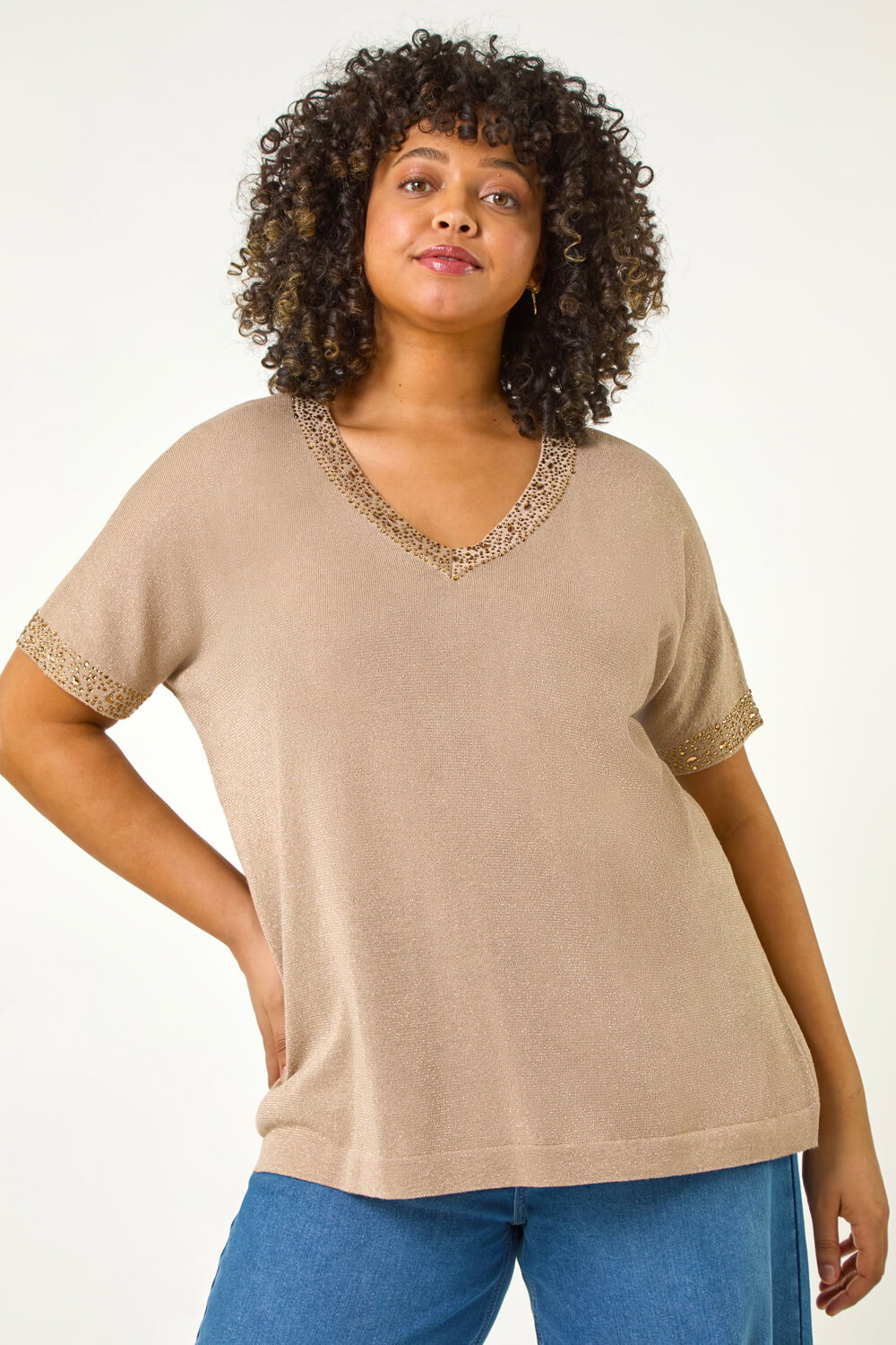 Gold Curve Sparkly V-Neck Knit Top, Image 1 of 5