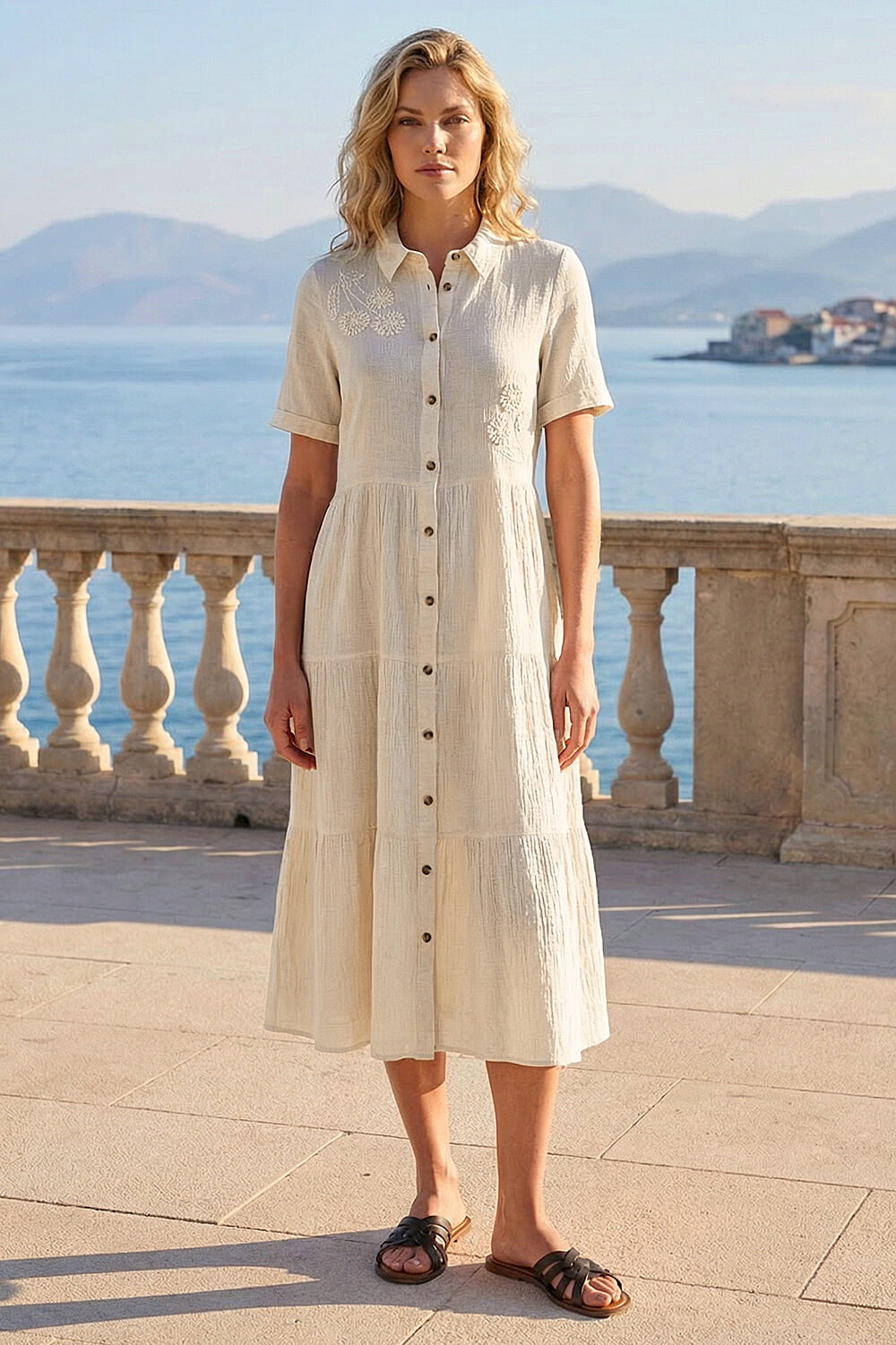 Natural  Embroidery Detail Tiered Midi Dress, Image 1 of 4