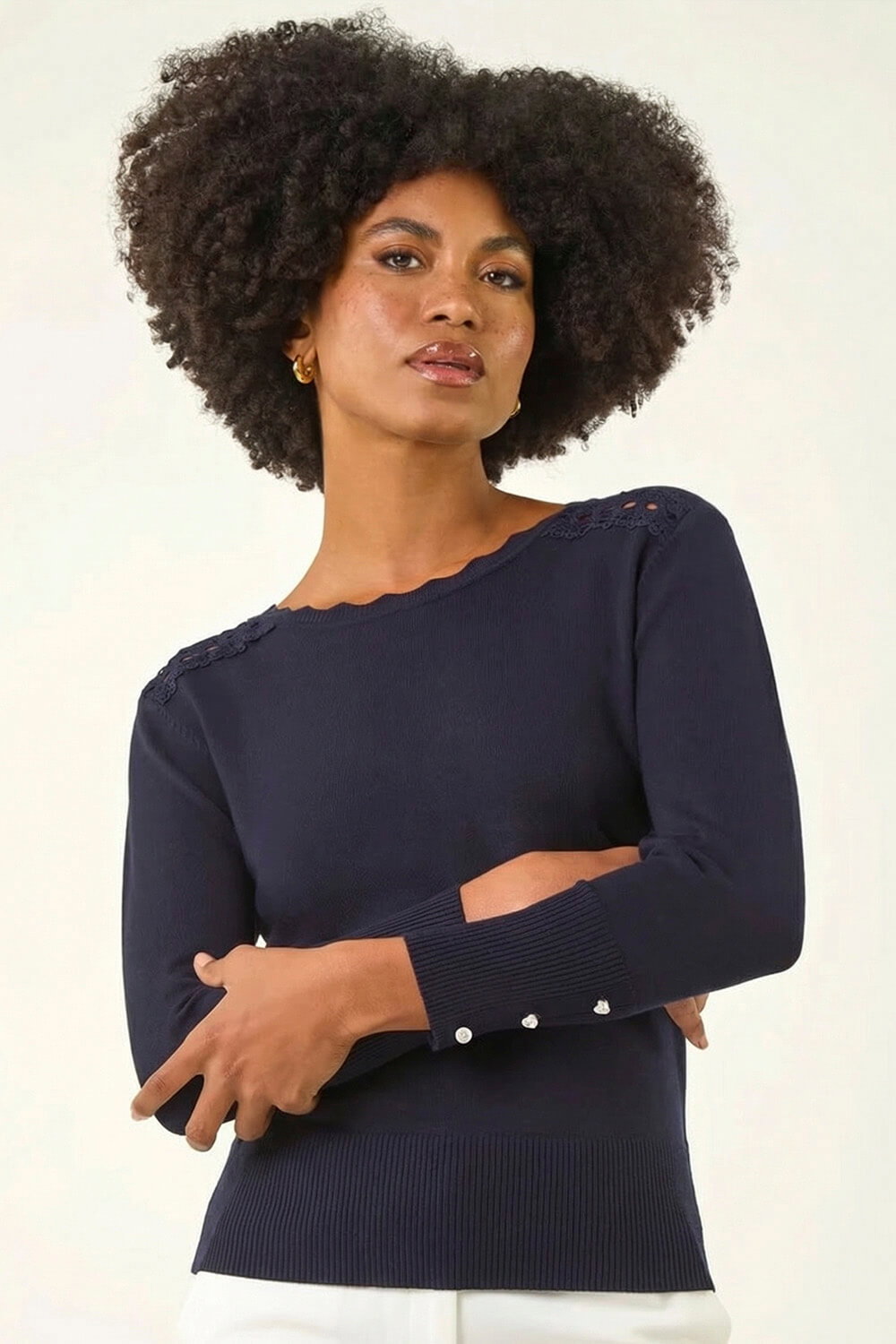 Navy Scalloped Neck Knit Jumper, Image 5 of 5