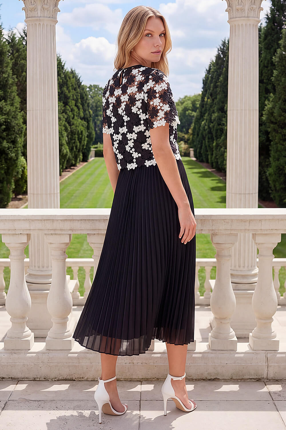 Black Lace Overlay Pleated Midi Dress, Image 4 of 4