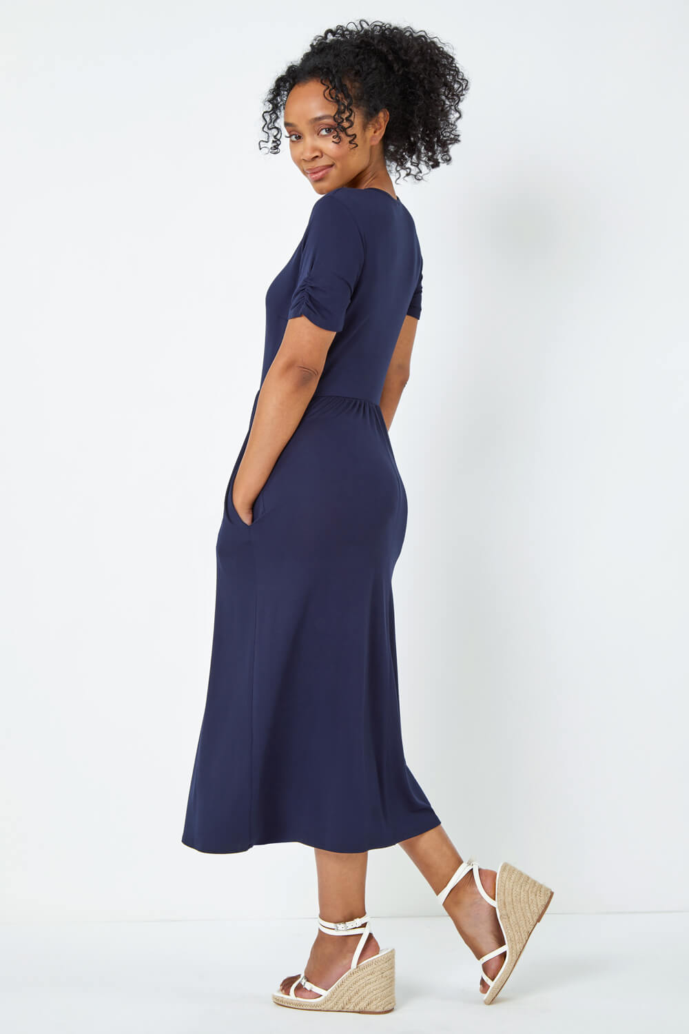 Navy Petite Gathered Waist Midi Stretch Dress, Image 4 of 5