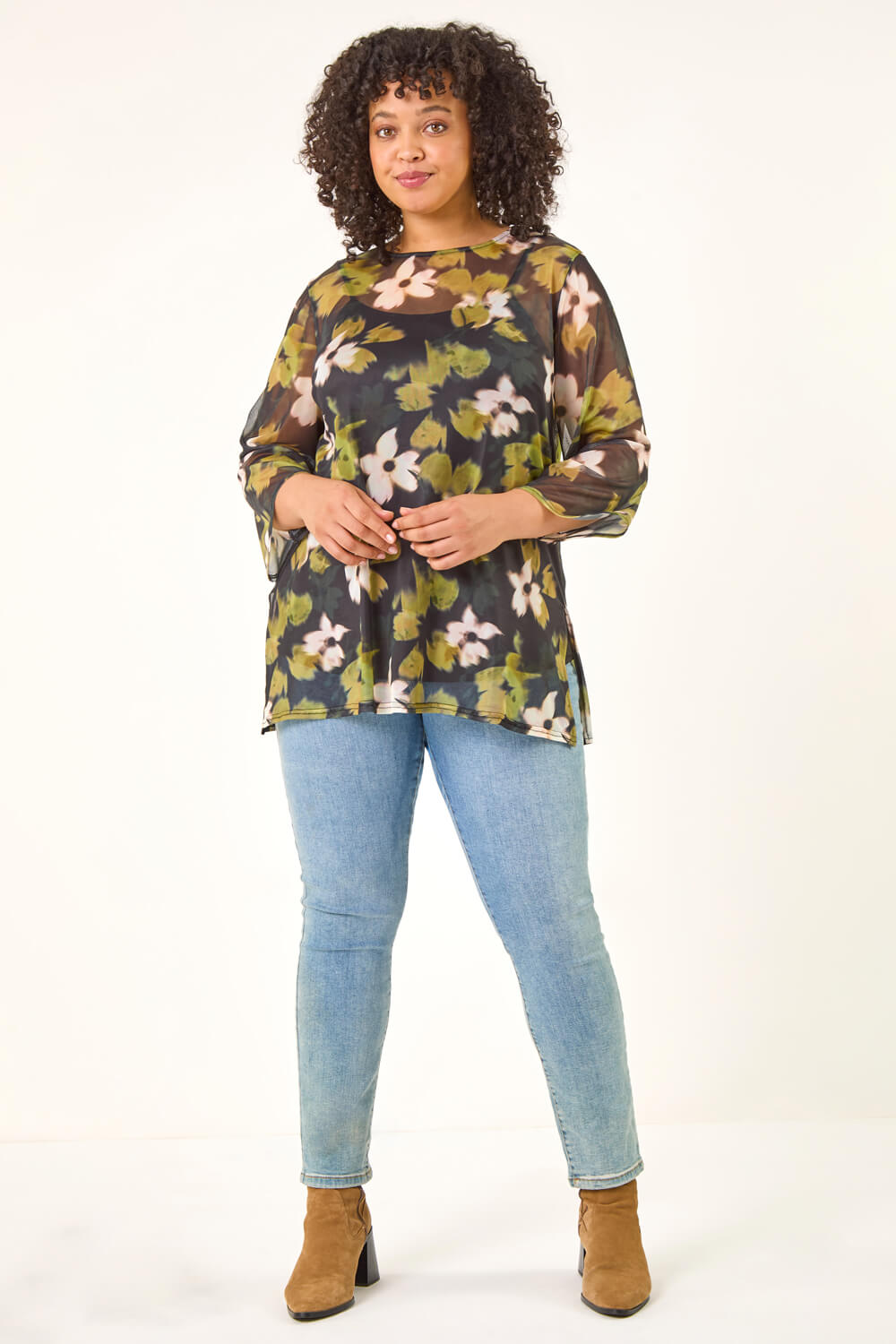 Green Curve Floral Print Mesh Top, Image 4 of 5