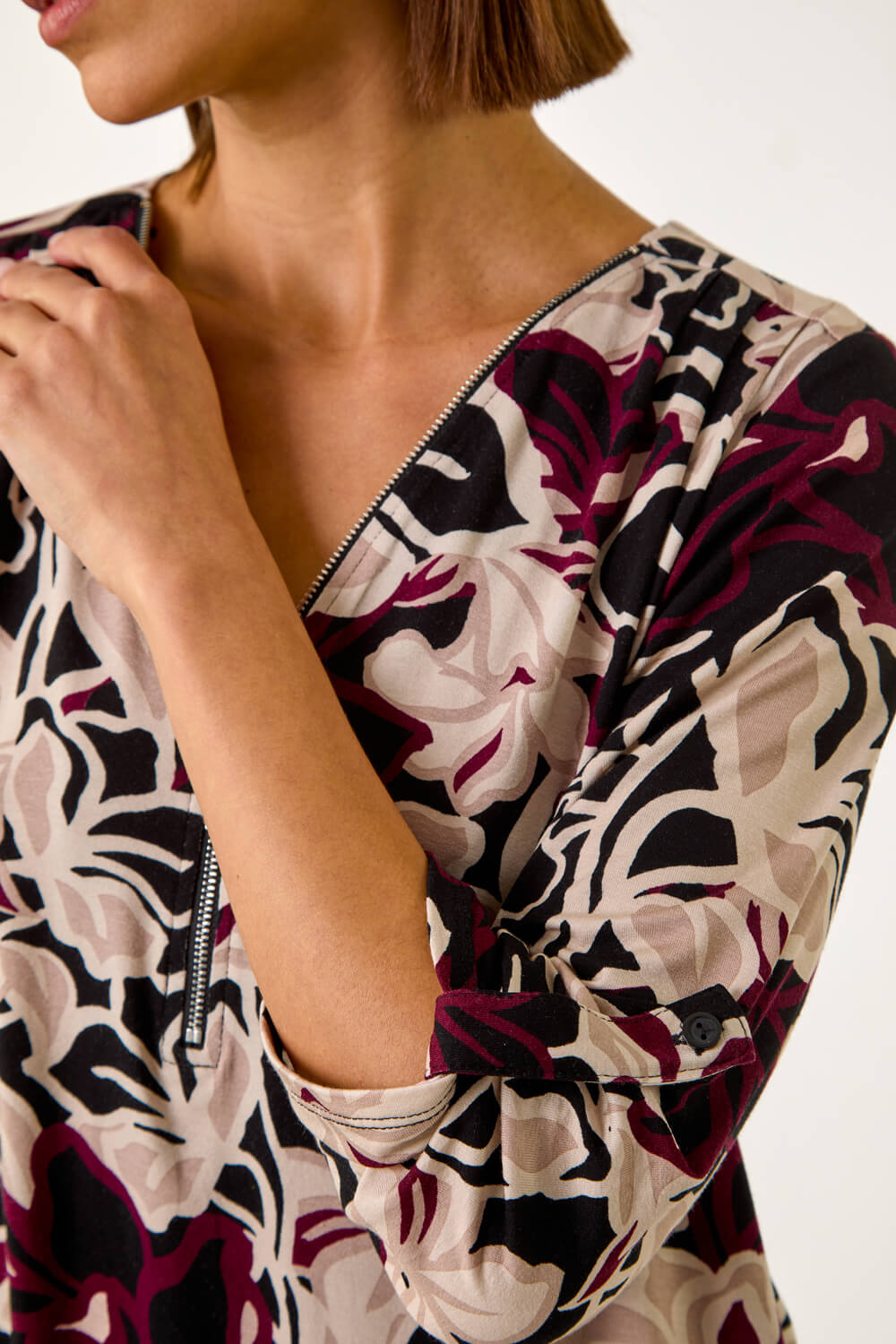 Black Floral Print Zip Detail Top, Image 6 of 5