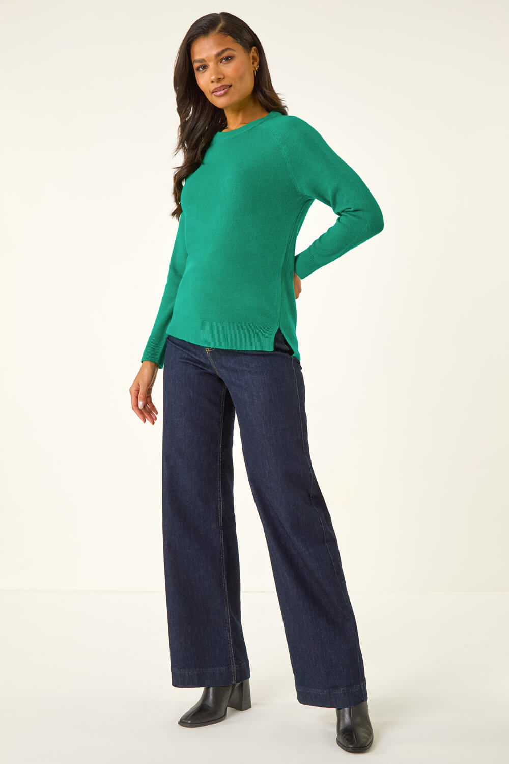 Green Plain Soft Crew Neck Jumper, Image 3 of 5