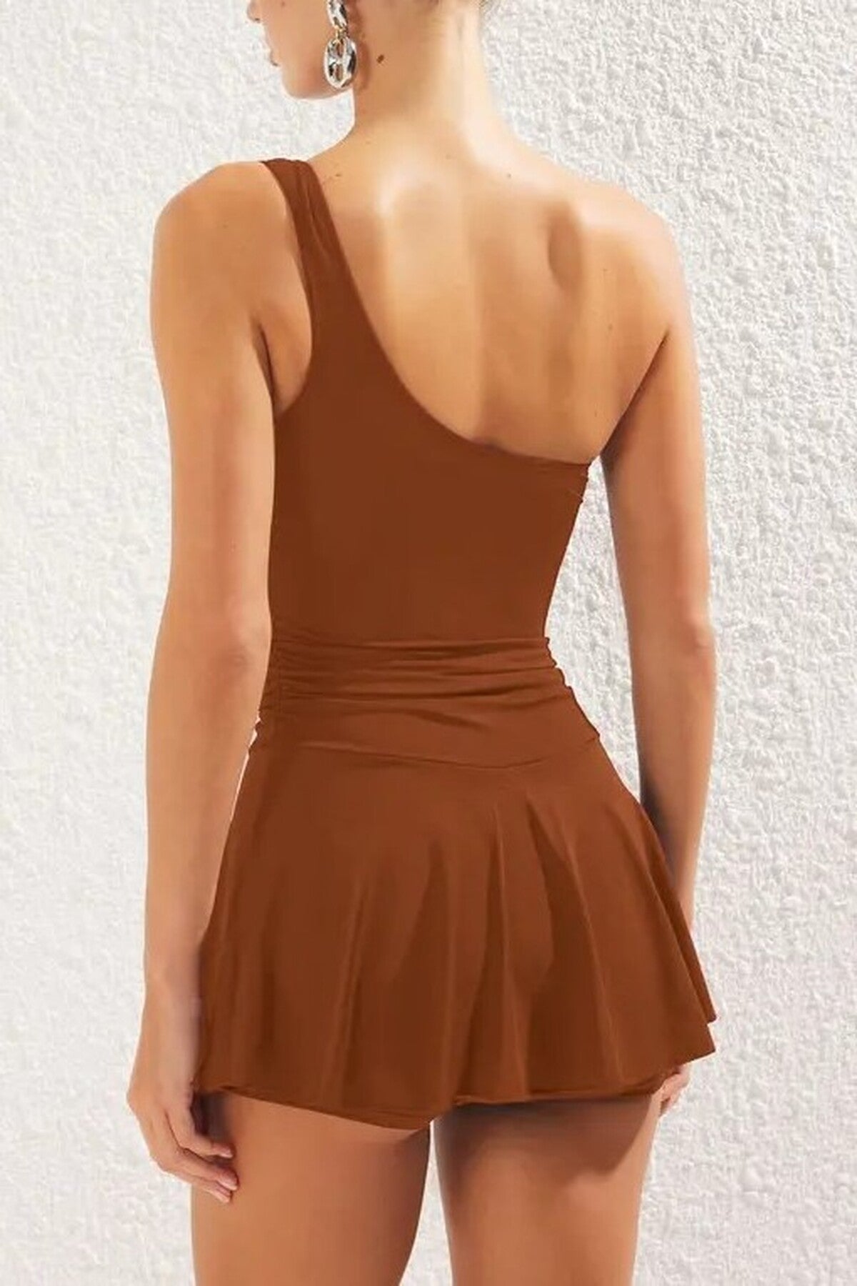 Brown WOVCOR Brown Asymmetric One Shoulder Ruched Swimsuit with Skort Detail, Image 4 of 4