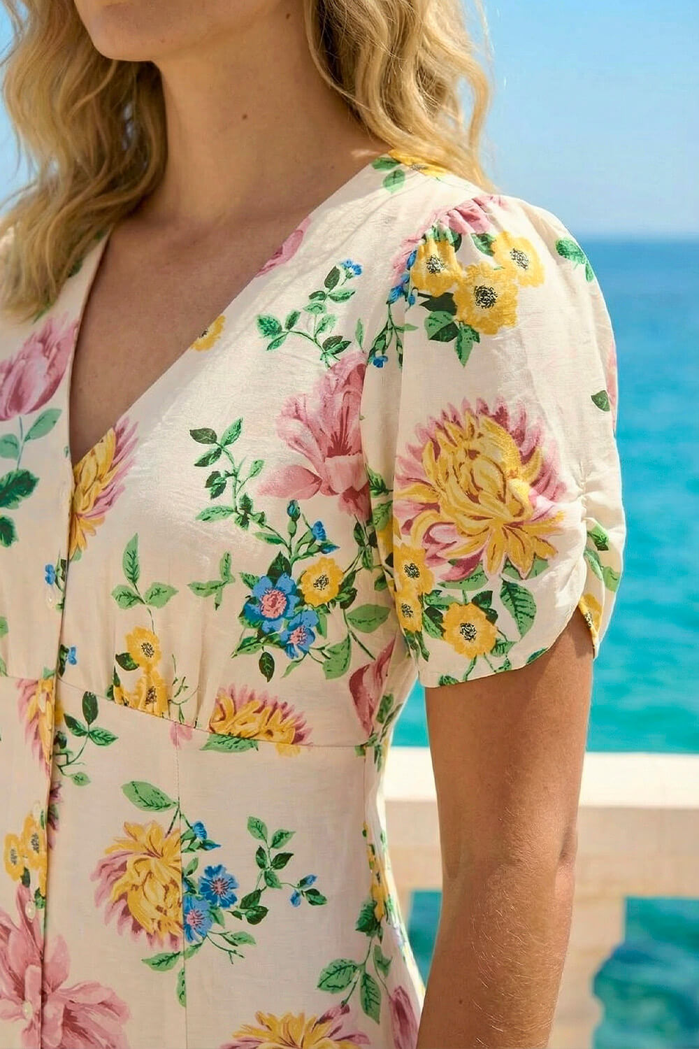 Light Pink Floral Print V-Neck Tea Dress, Image 5 of 4