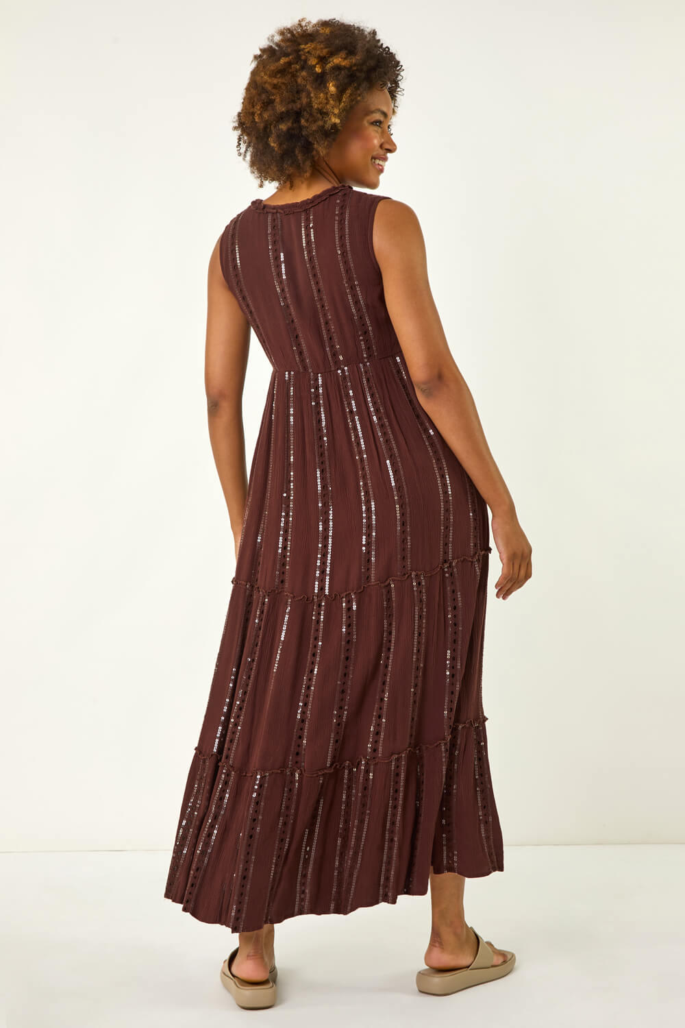 Chocolate Sequin Tiered Maxi Dress, Image 4 of 5