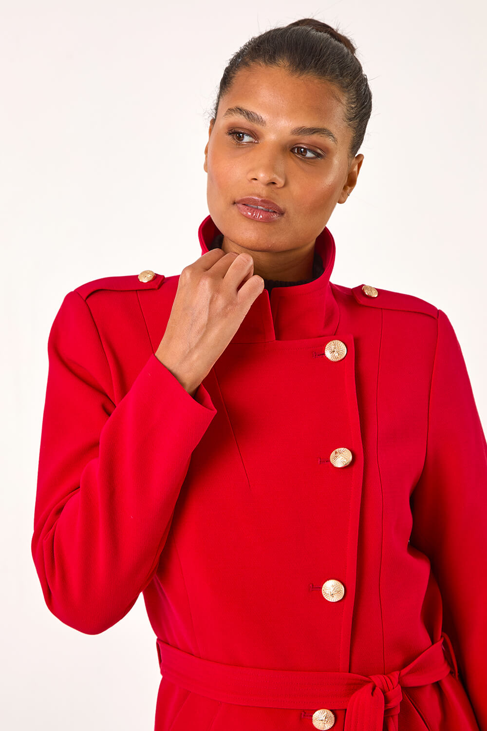 Red Funnel Neck Buttoned Coat, Image 6 of 6