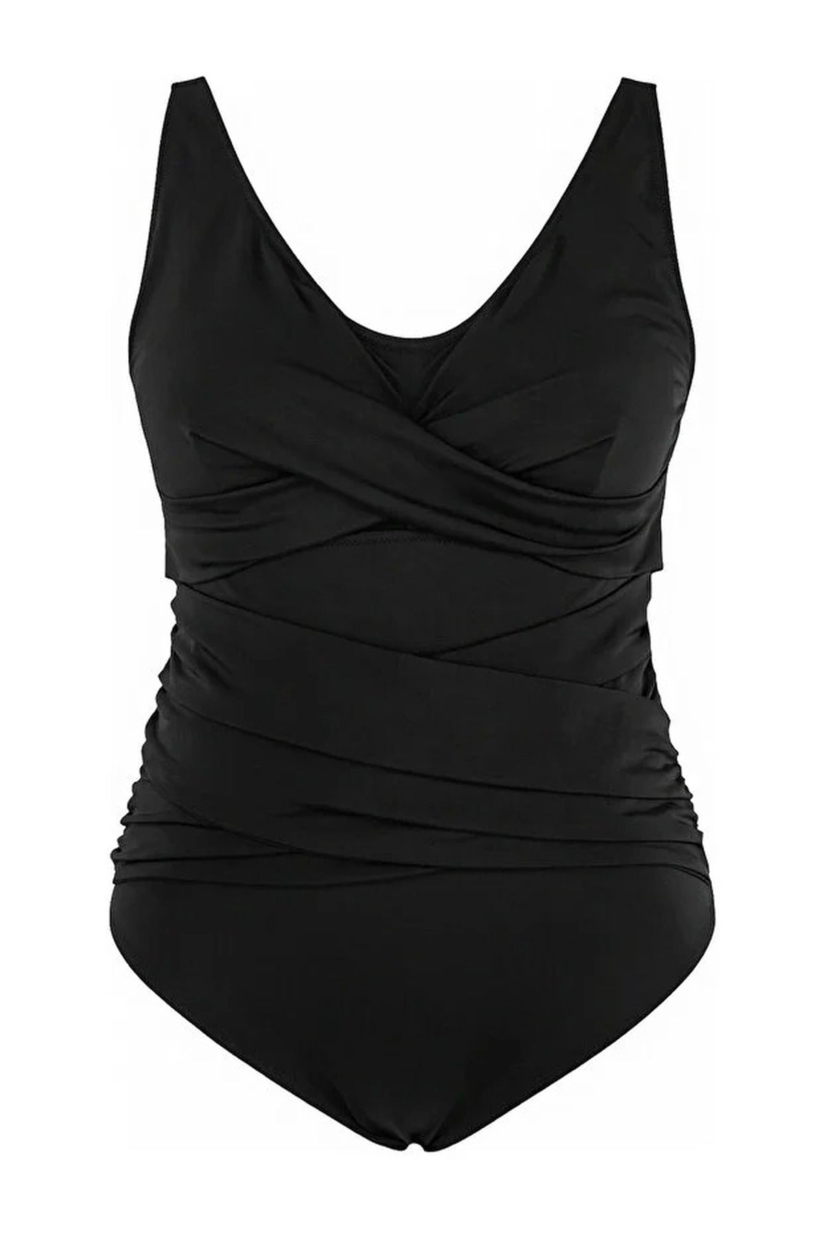 Black Wrap Front Scoop Neck Shaping Swimsuit, Image 3 of 3