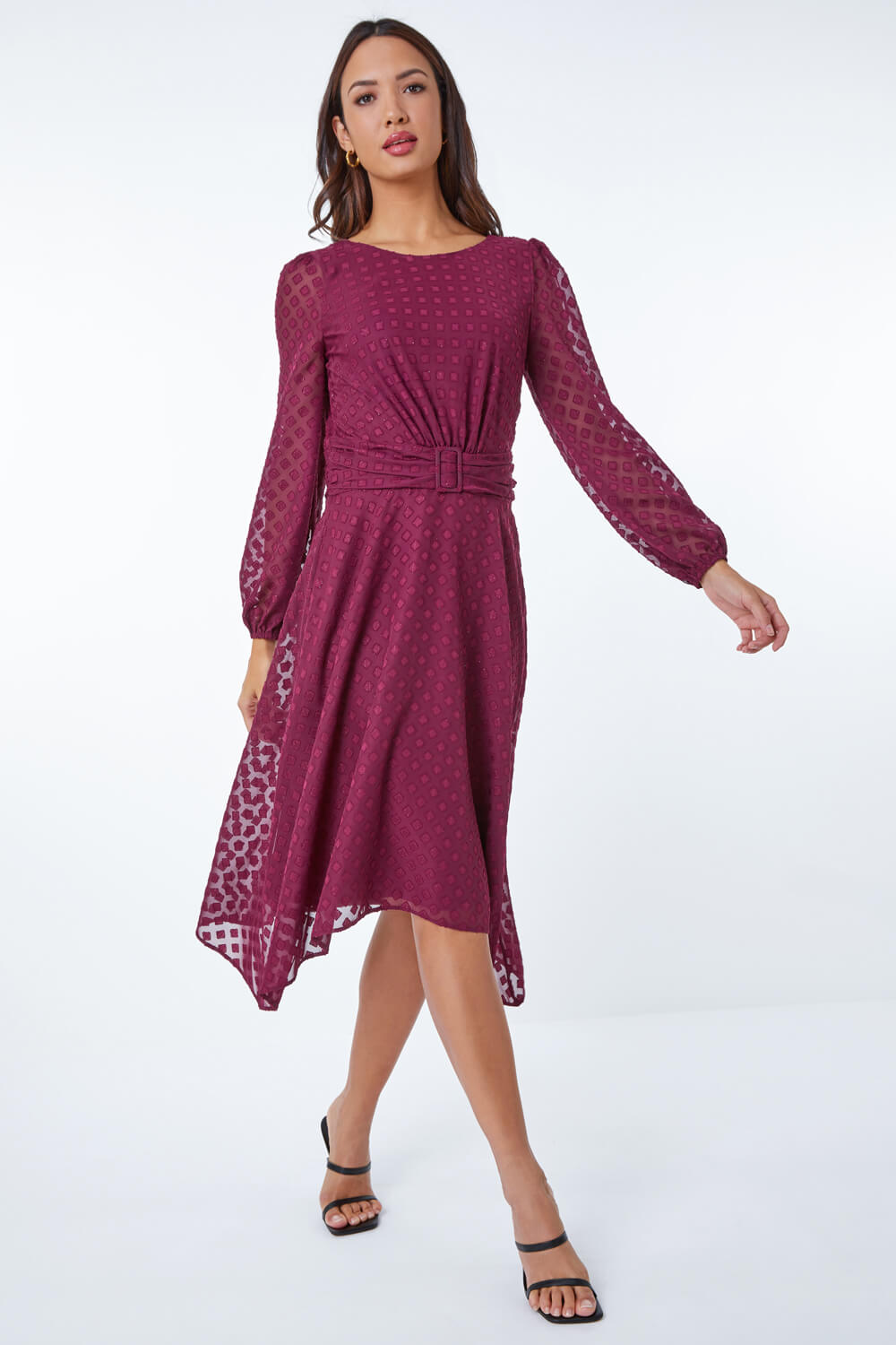Wine Textured Diamond Belted Chiffon Midi Dress, Image 3 of 5