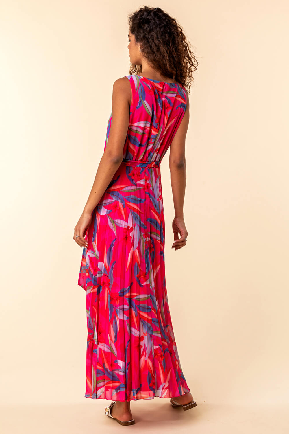 Red Tropical Print Pleated Maxi Dress, Image 3 of 4