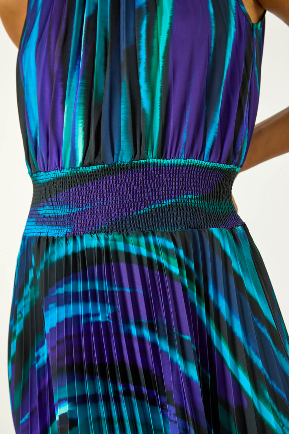 Purple Printed Halter Neck Pleat Shirred Midi Dress, Image 6 of 5