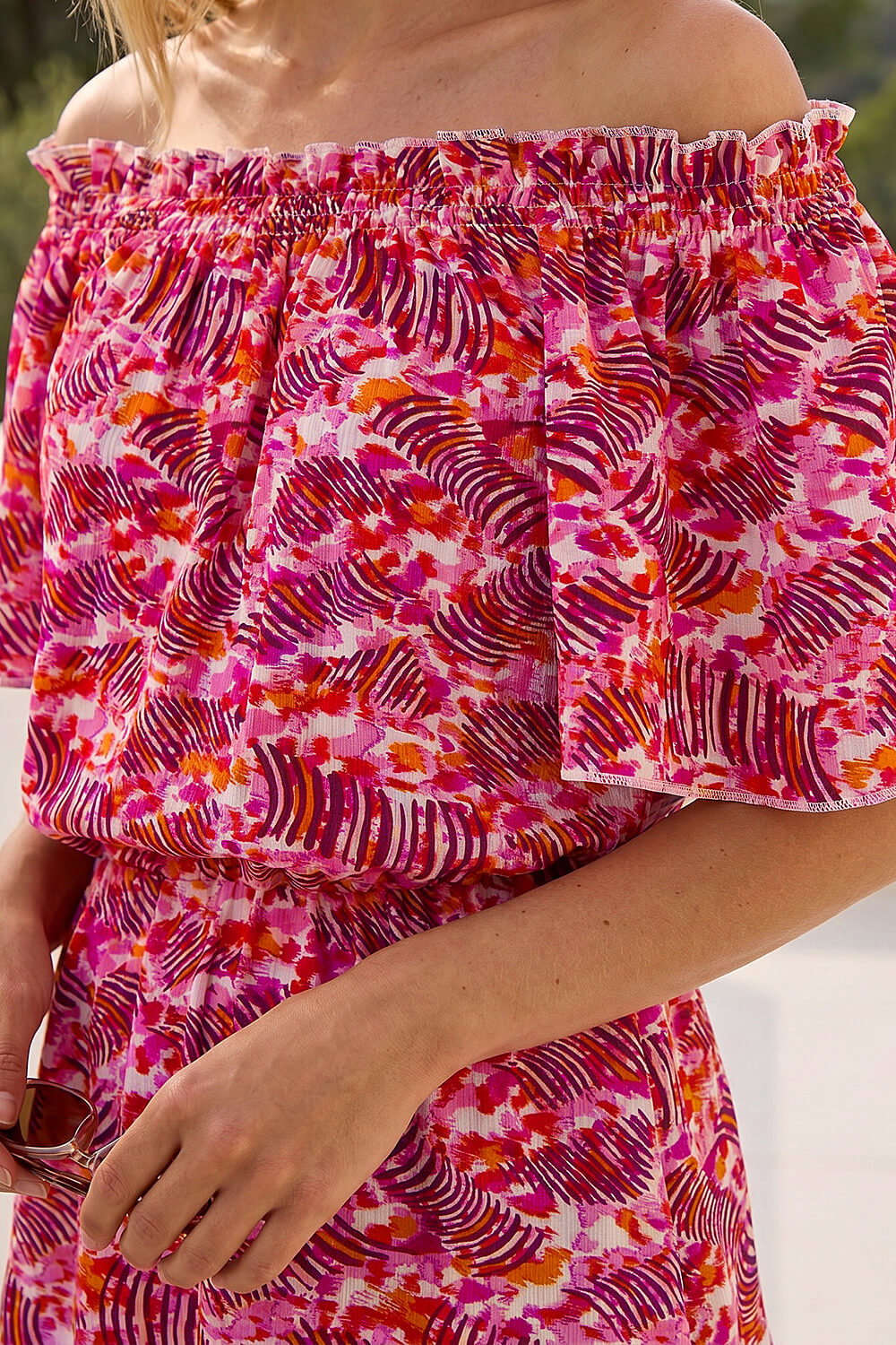 Pink Abstract Print Bardot Top, Image 5 of 4