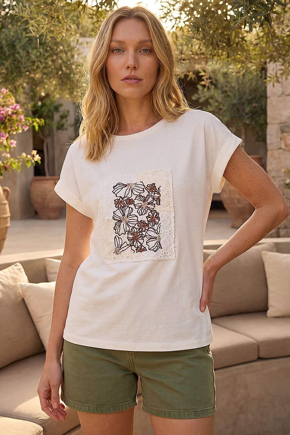 Ivory Embroidered Crochet Panel T-Shirt , Image 3 of 4