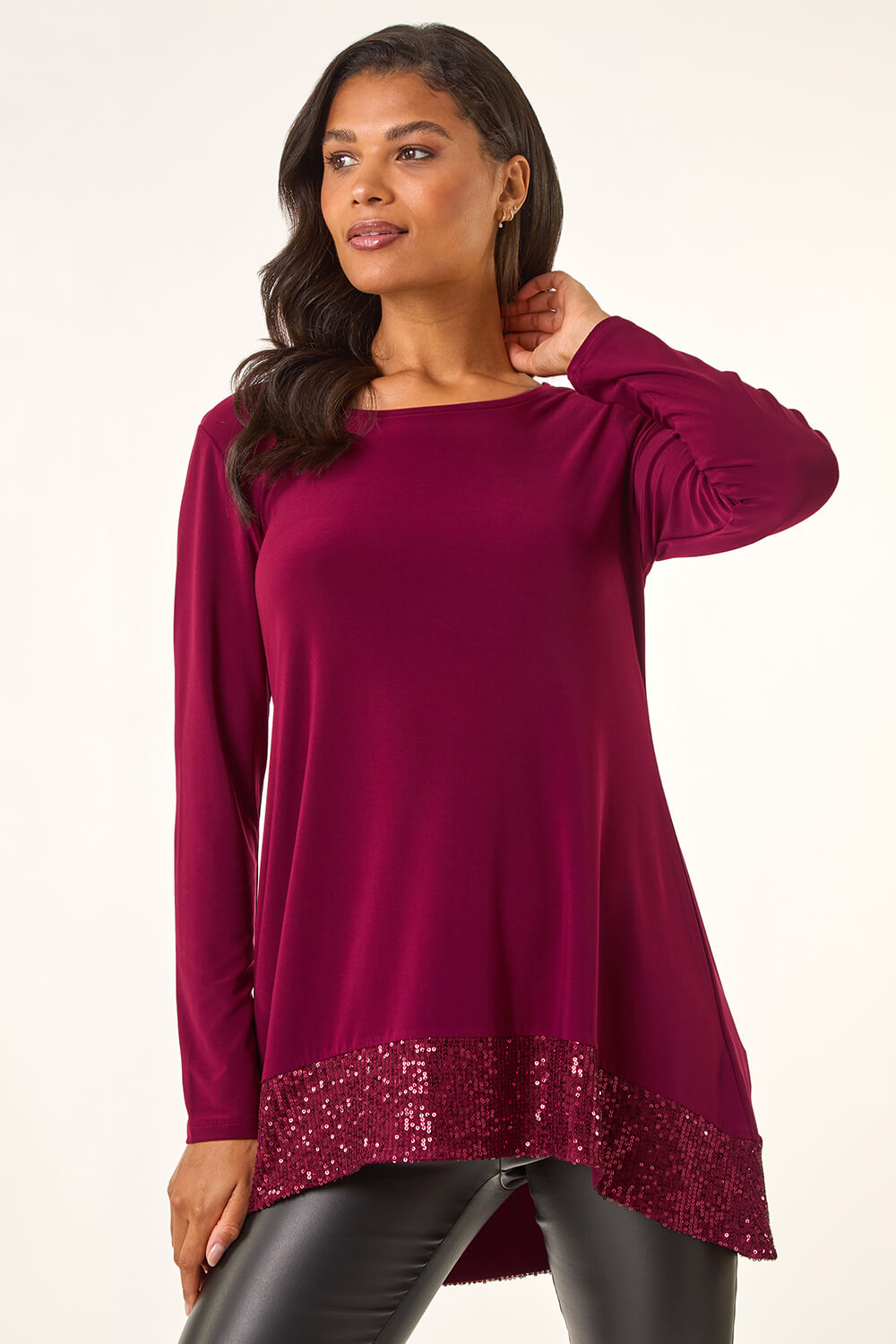 Burgundy Sequin Hem Tunic Stretch Top, Image 3 of 5