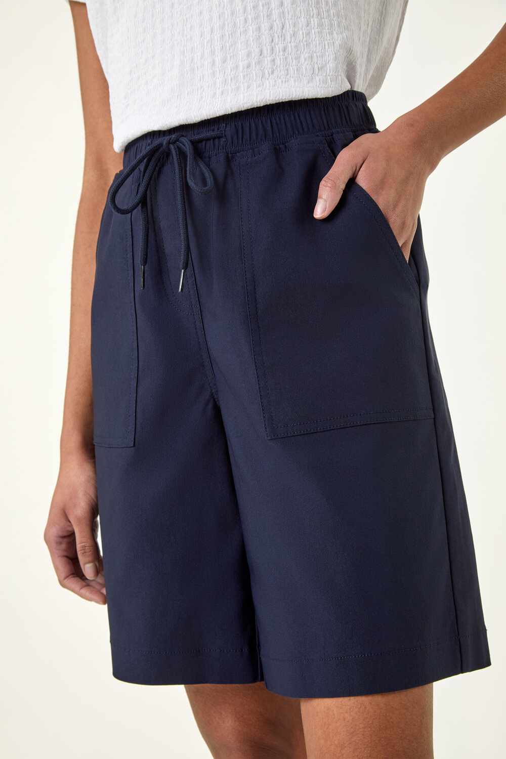 Navy Drawcord Detail Pocket Stretch Shorts, Image 6 of 5
