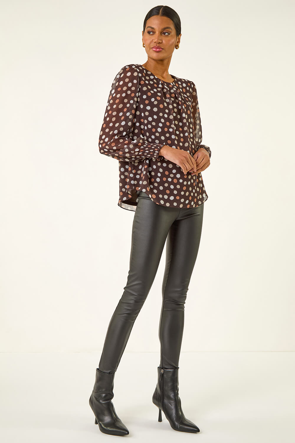 Chocolate Spot Print Shirred Cuff Top, Image 3 of 5