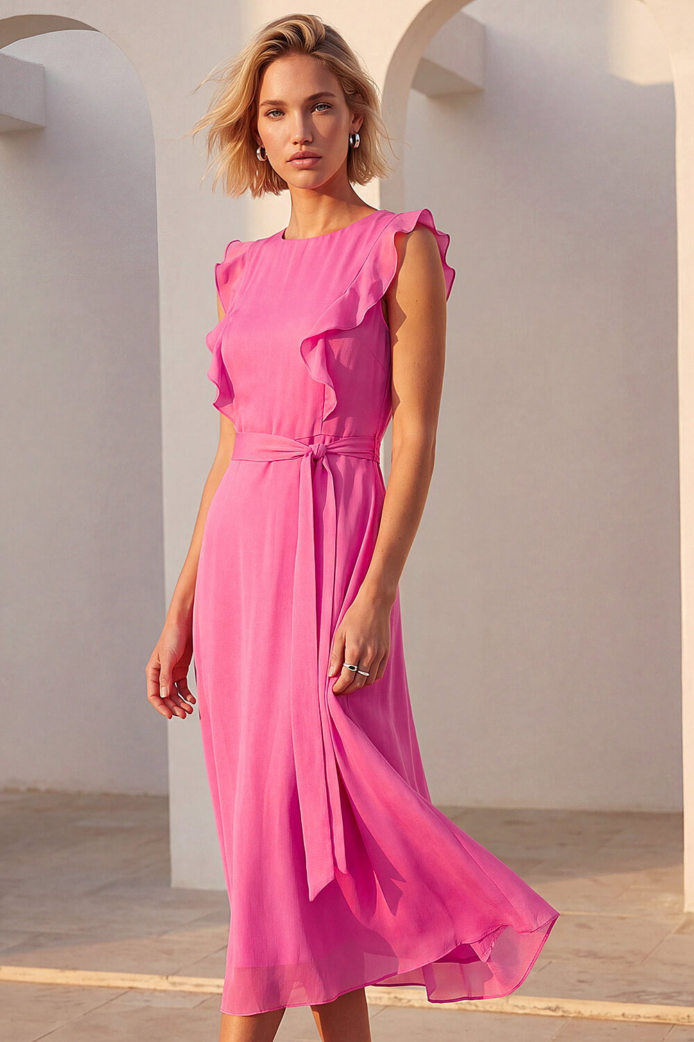 Pink Chiffon Frill Front Midi Dress, Image 3 of 4