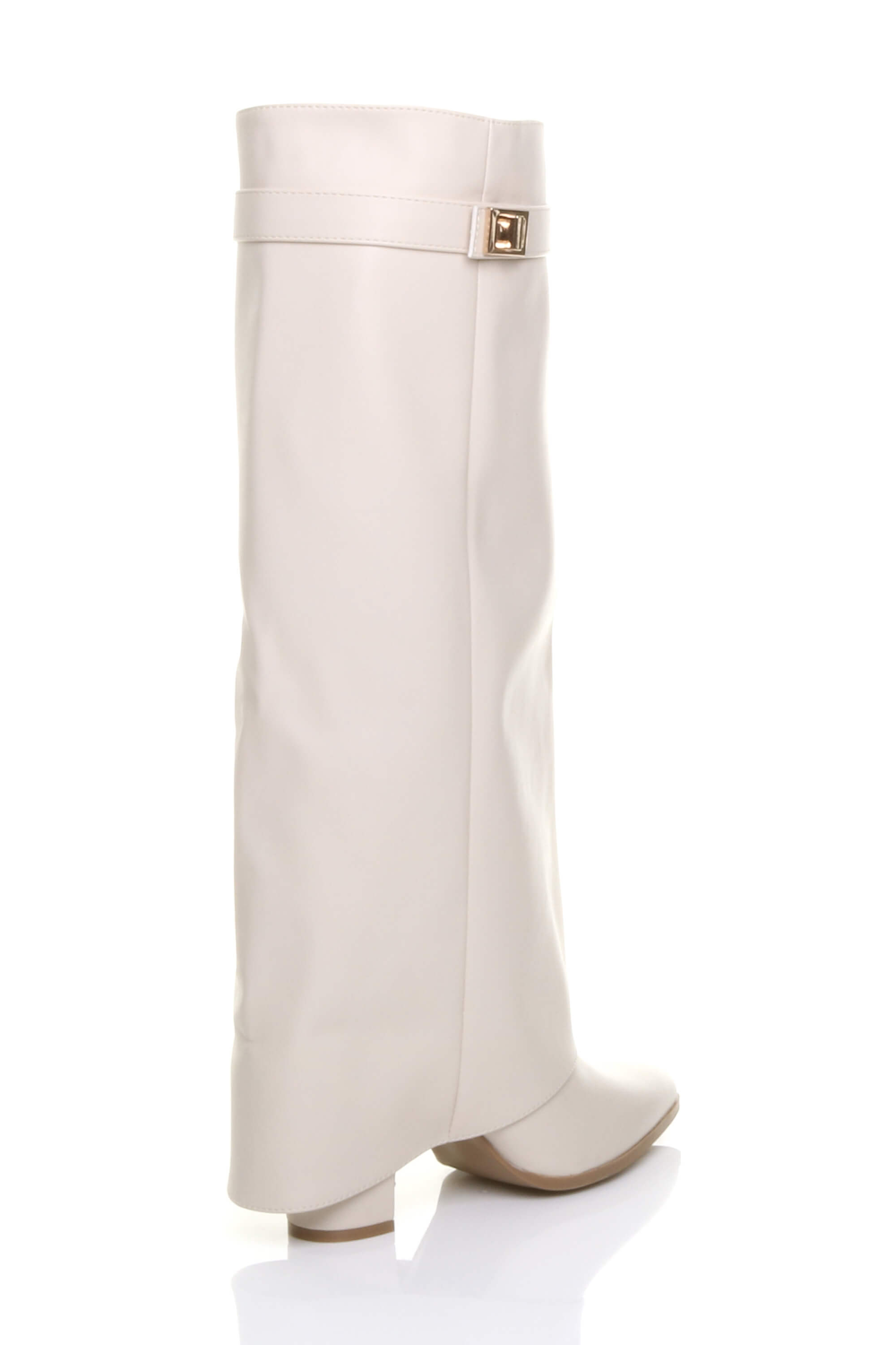 Beige AJVANI Beige High Block Heel Pointed Toe Fold Over Knee Boots, Image 4 of 4
