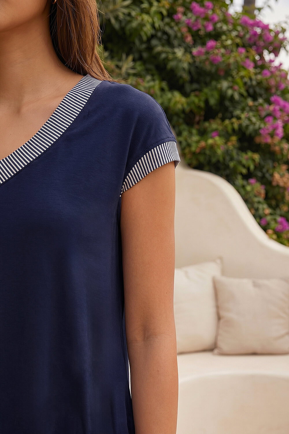 Navy Contrast Cuff Stretch Top, Image 5 of 4