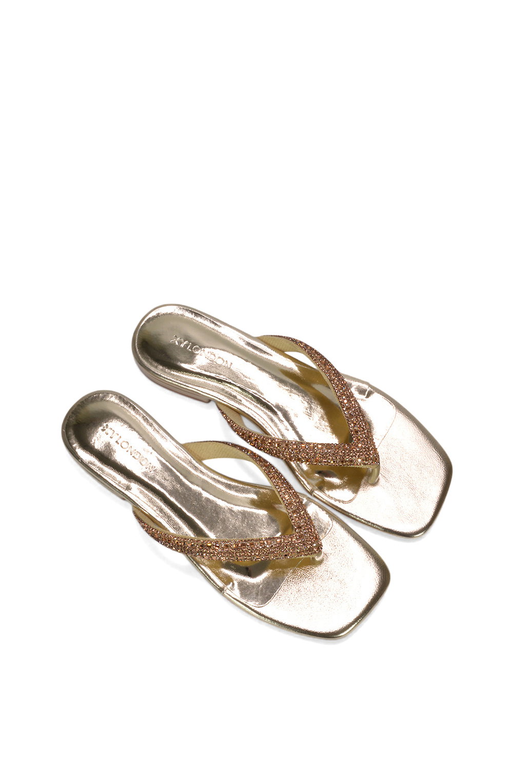 Gold 'Blake' Flat Slip On Diamante Sandals With Thong Strap, Image 6 of 6
