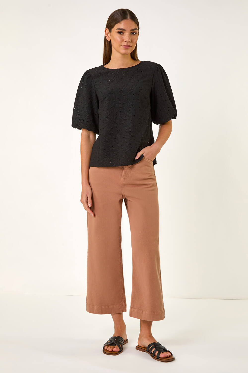 Black Broderie Puff Sleeve Top, Image 3 of 5