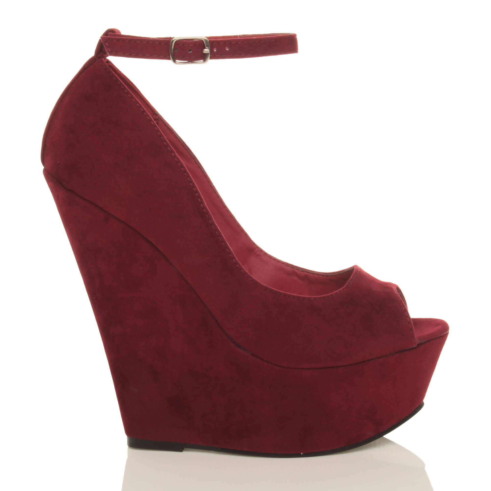 Burgundy High Wedge Heel Ankle Strap Platform Peep Toe Shoes, Image 2 of 6
