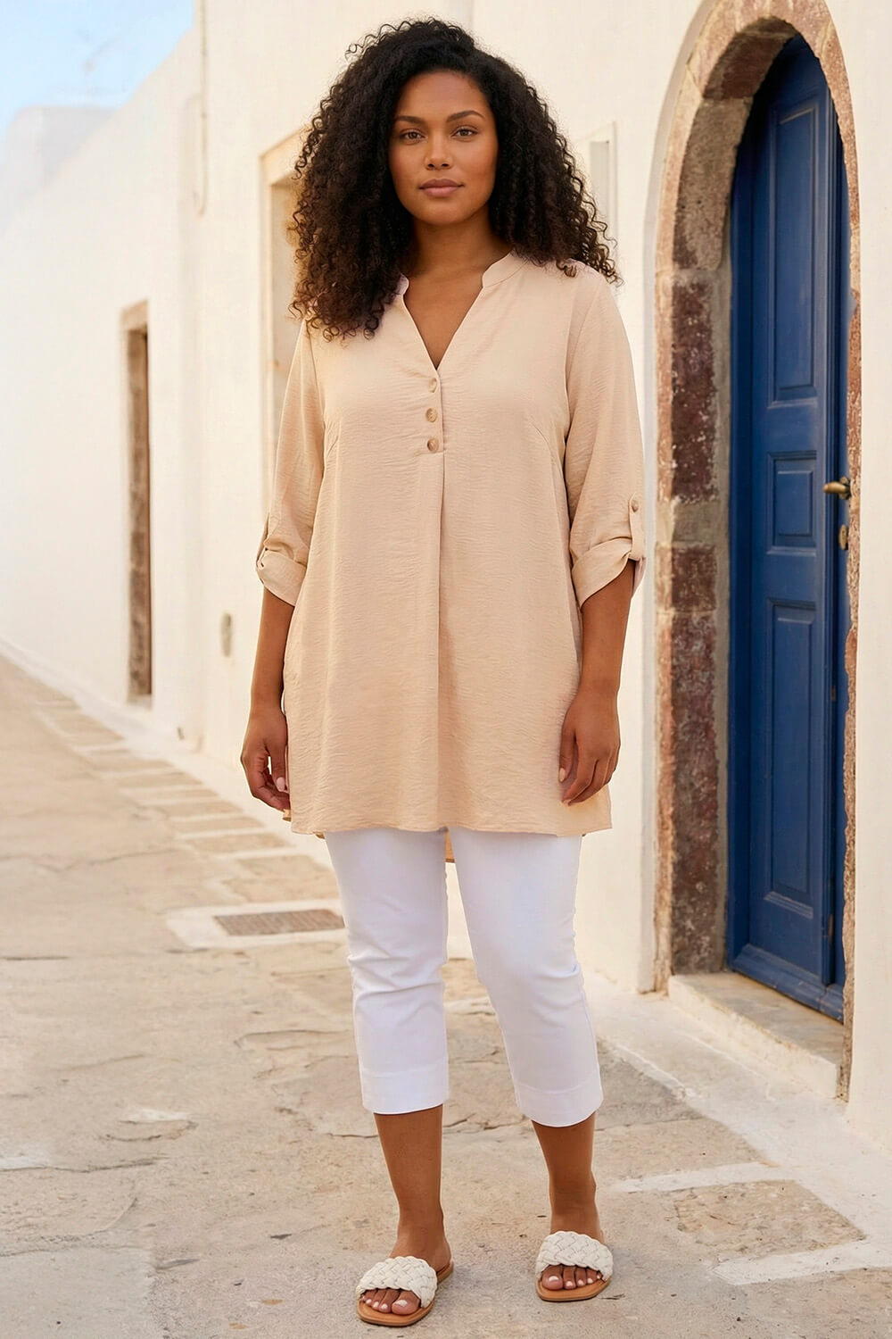 Stone Curve Textured Buttoned Tunic Top, Image 5 of 4