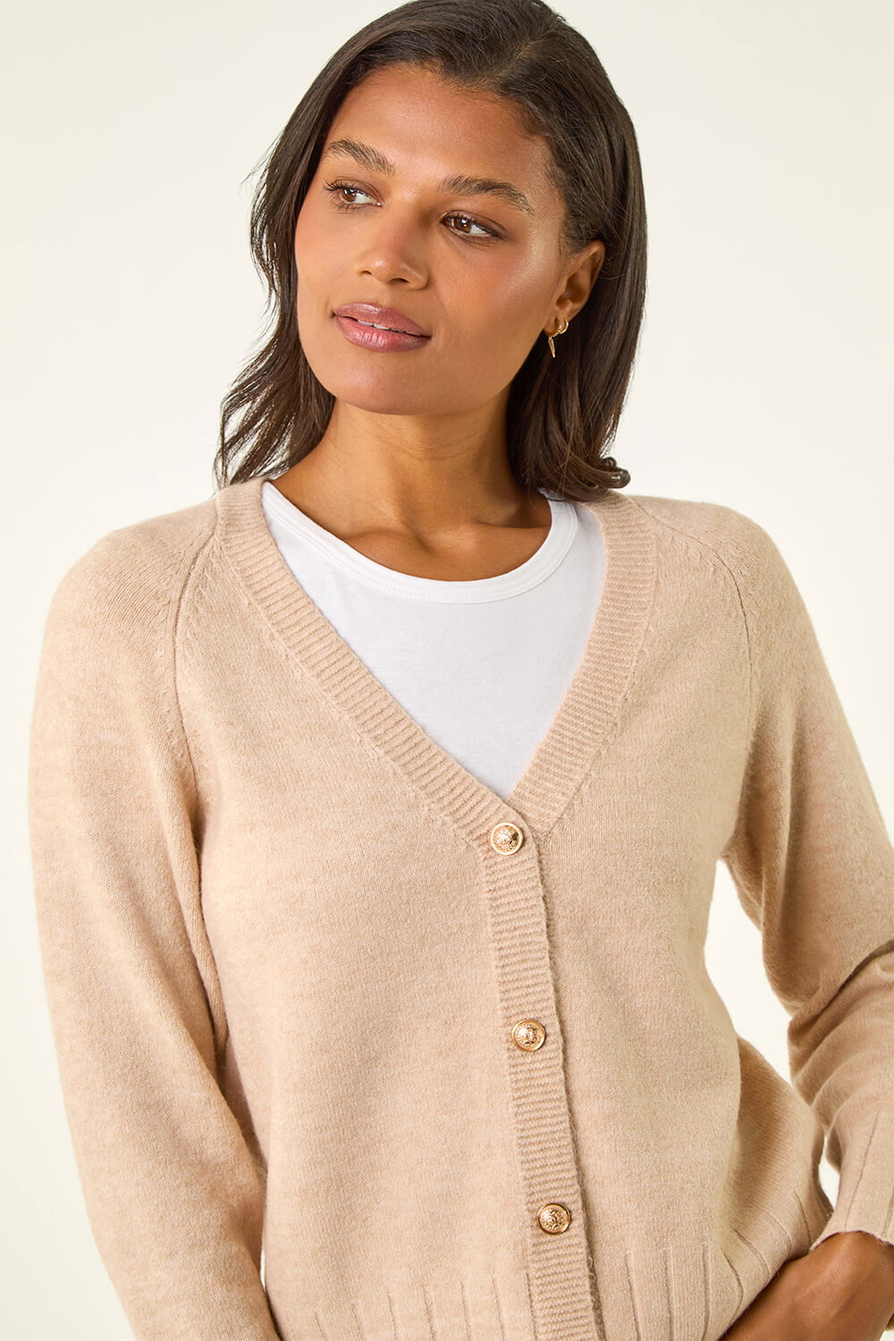 Beige Buttoned Soft Knit Cardigan, Image 5 of 5