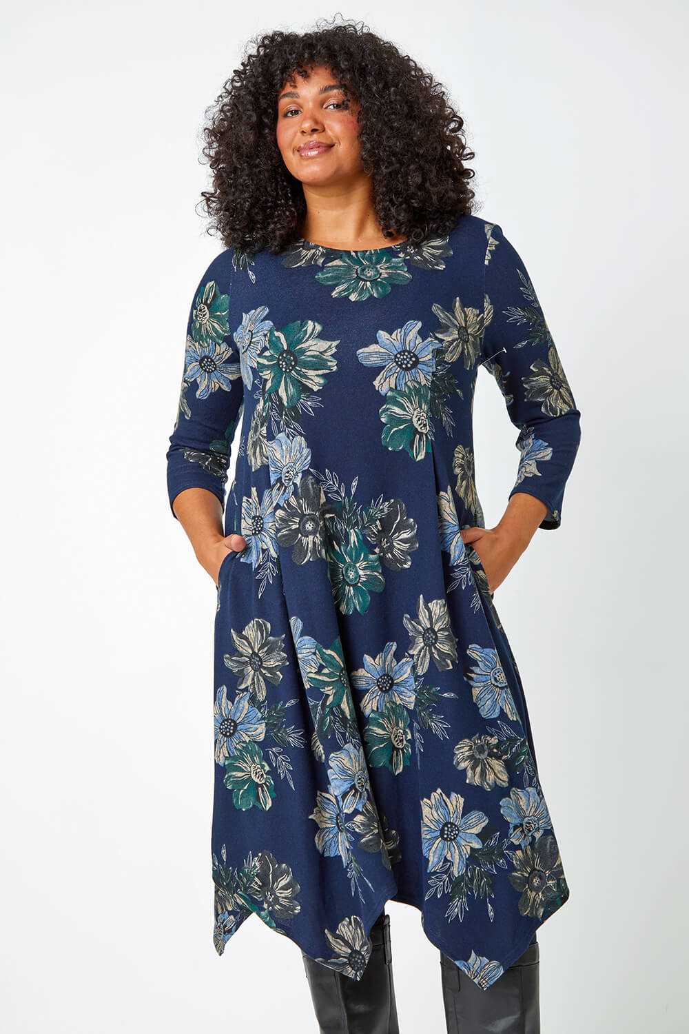 Navy Curve Floral Print Tunic Stretch Dress, Image 3 of 5