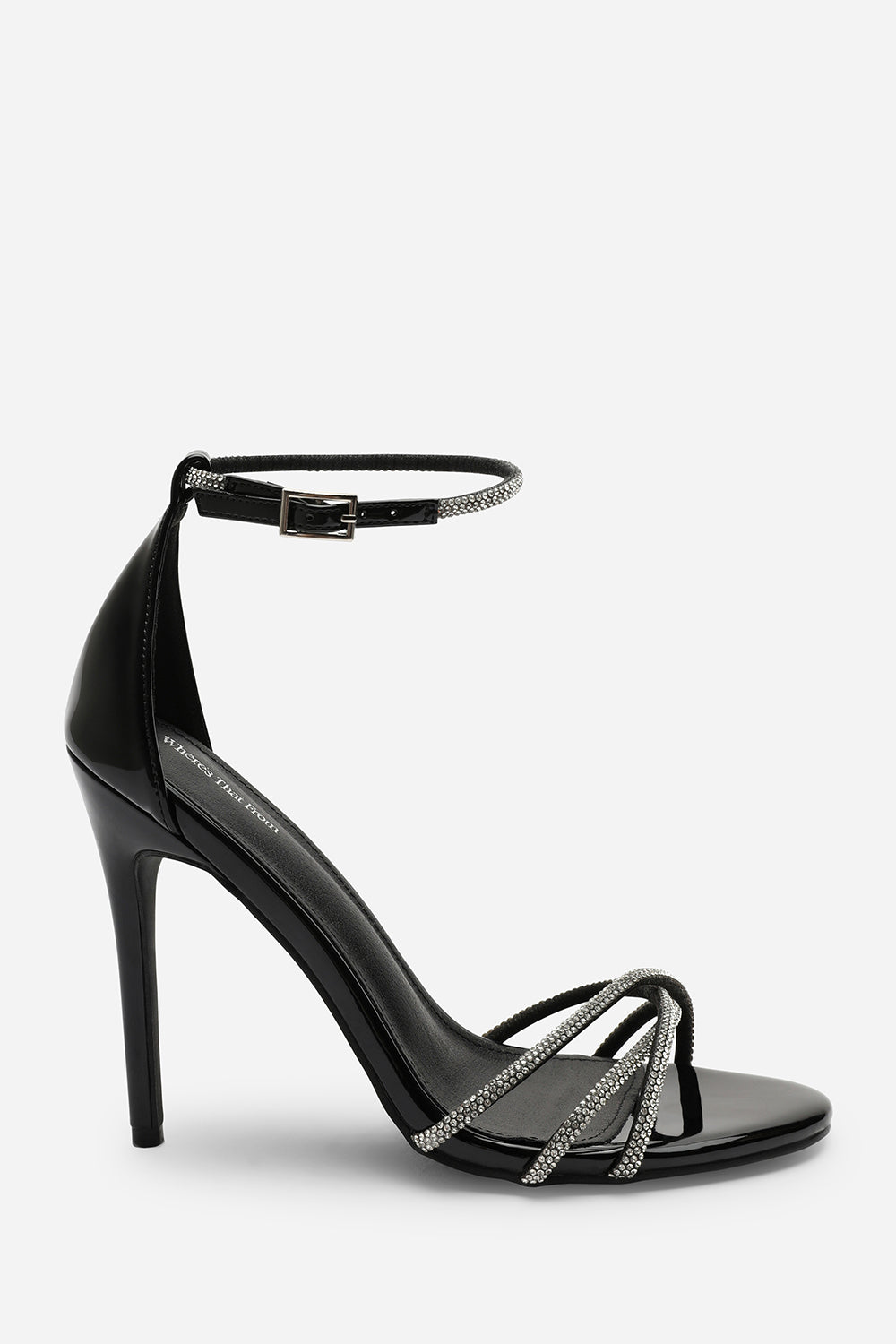Black Where's That From Black 'Summer' Stiletto High Heels With Rhinestone Strap, Image 3 of 6