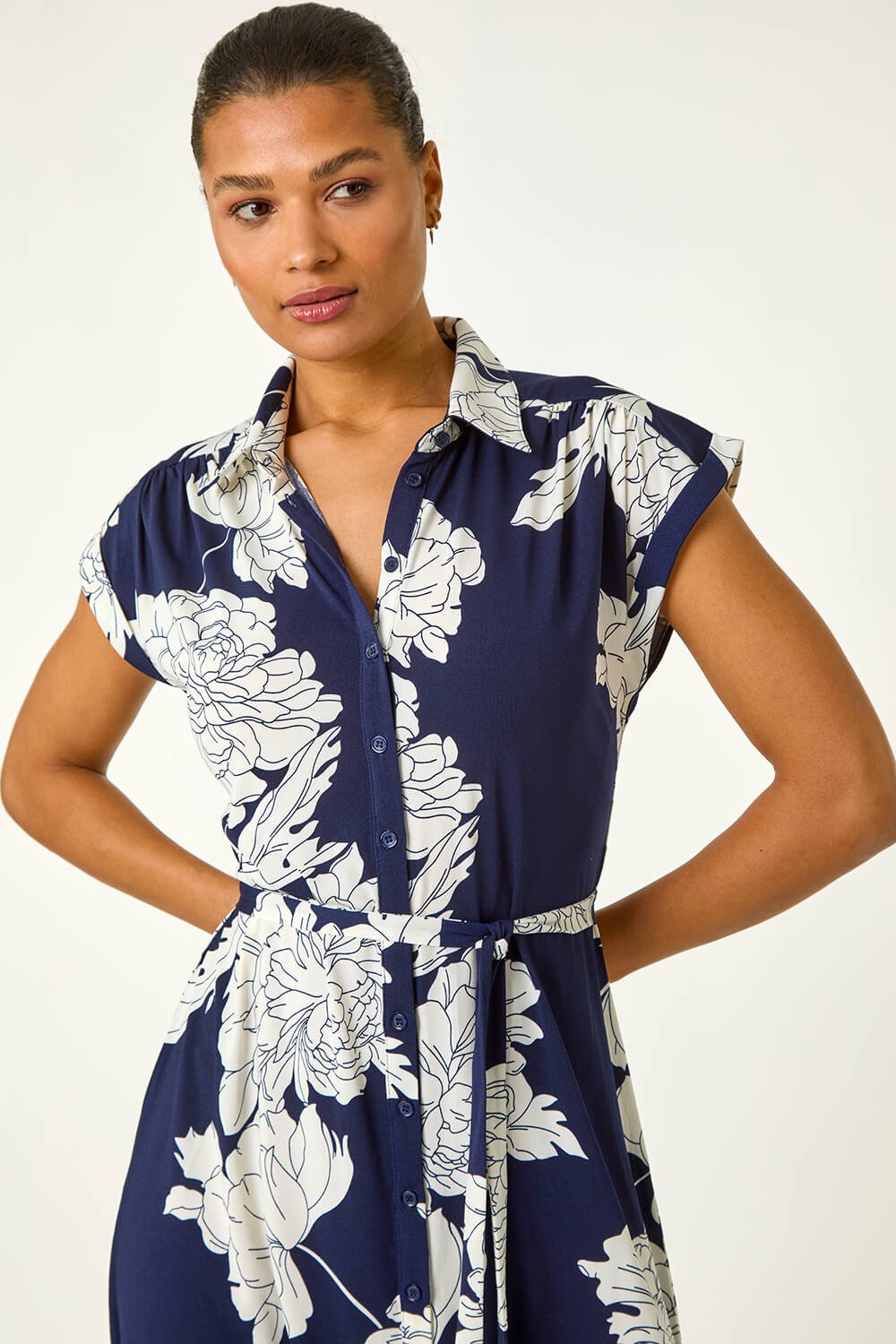 Navy Floral Print Stretch Shirt Dress, Image 5 of 5