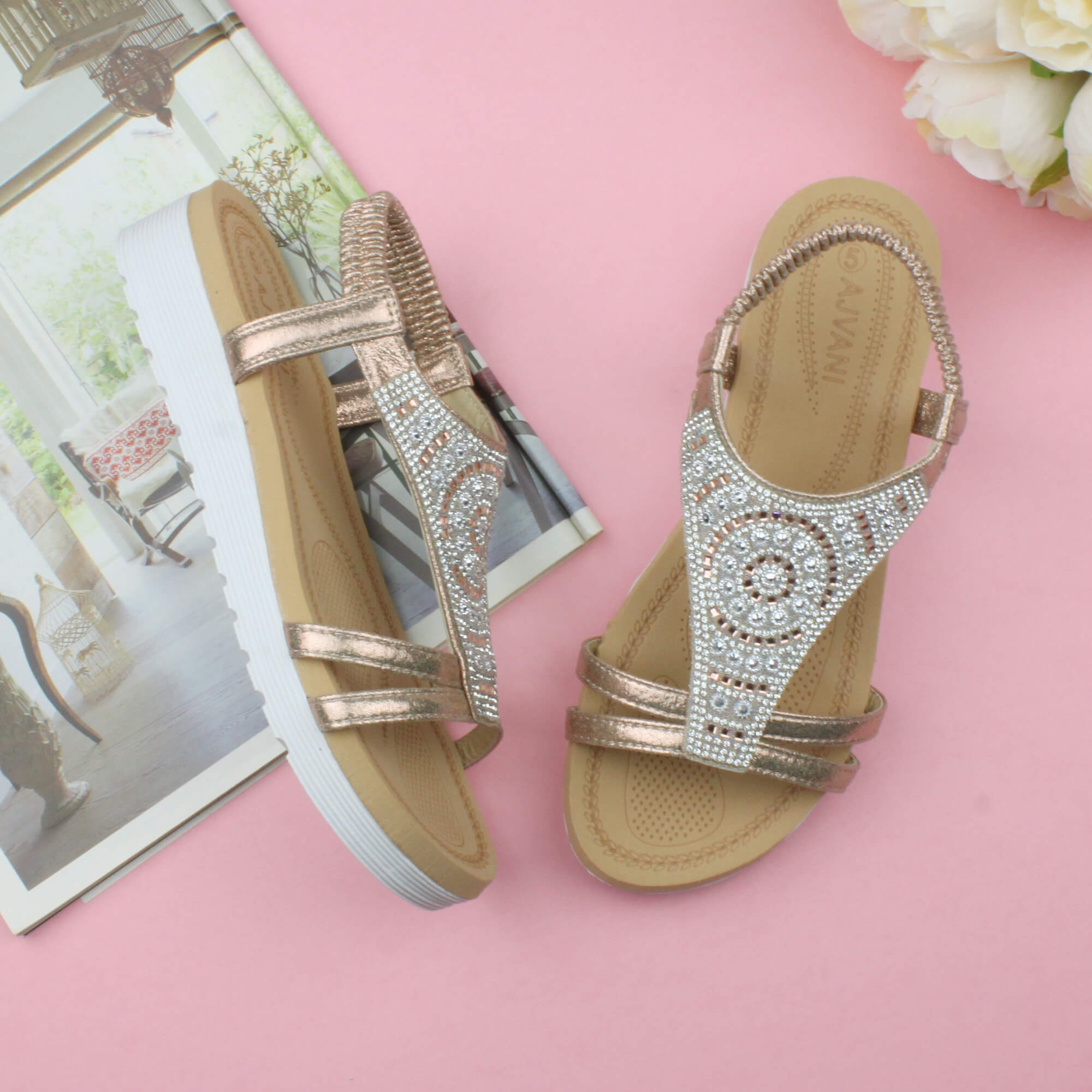Rose Gold AJVANI Rose Gold Flatform Diamante T-Bar Slingback Sandals, Image 4 of 6