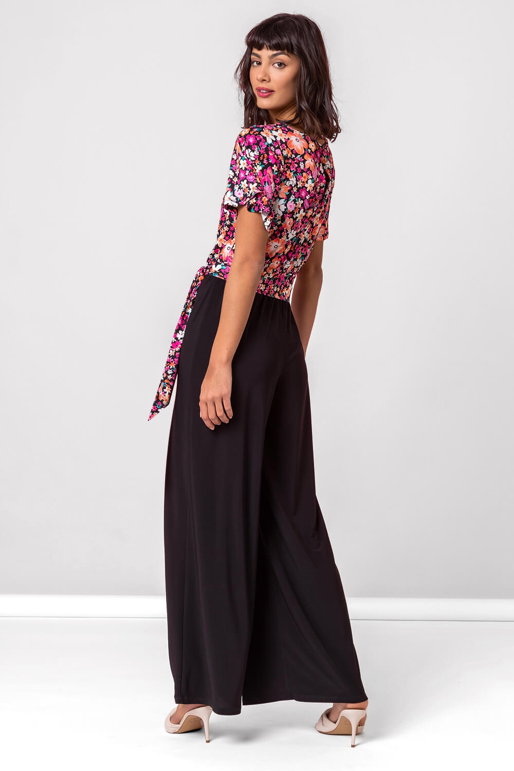 Black Ditsy Floral Print Tie Detail Jumpsuit, Image 3 of 5