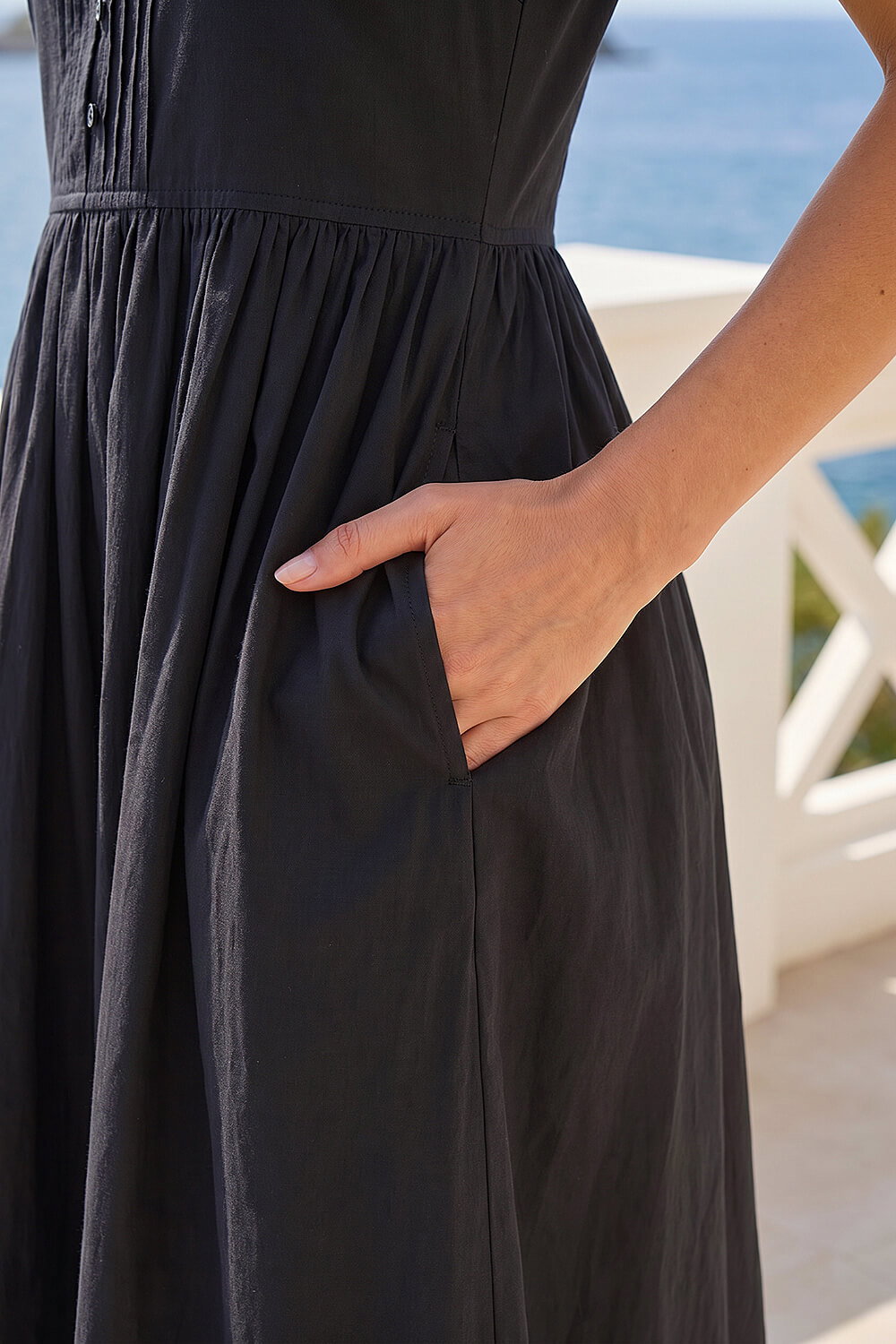 Black Petite Cotton Button Front Midi Dress, Image 5 of 4