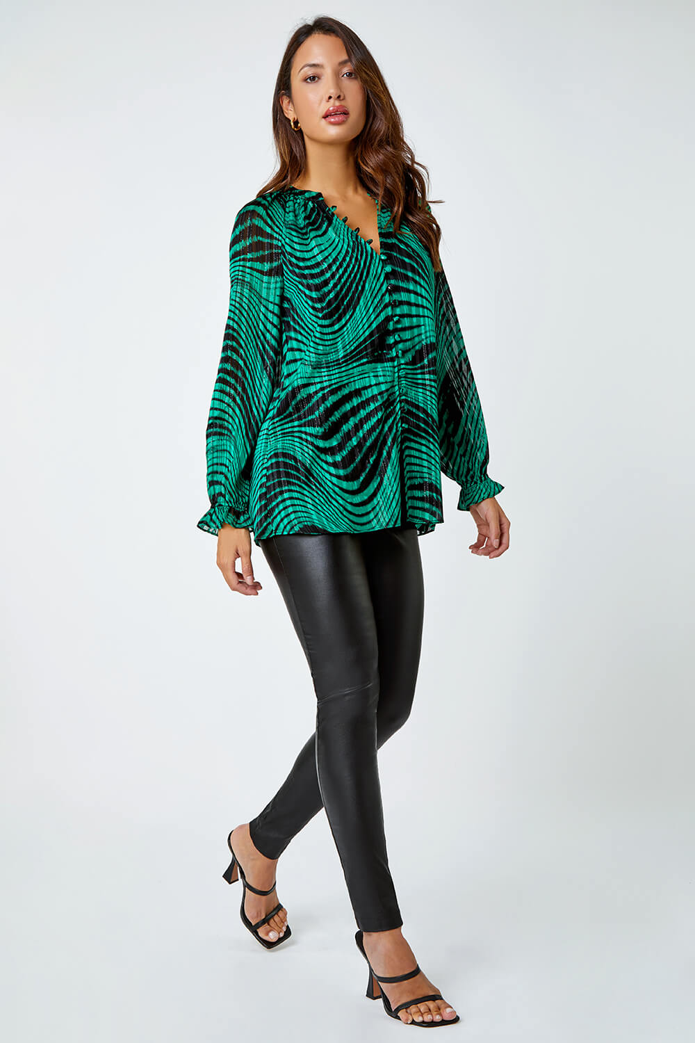 Green Metallic Print Chiffon Blouse, Image 3 of 5
