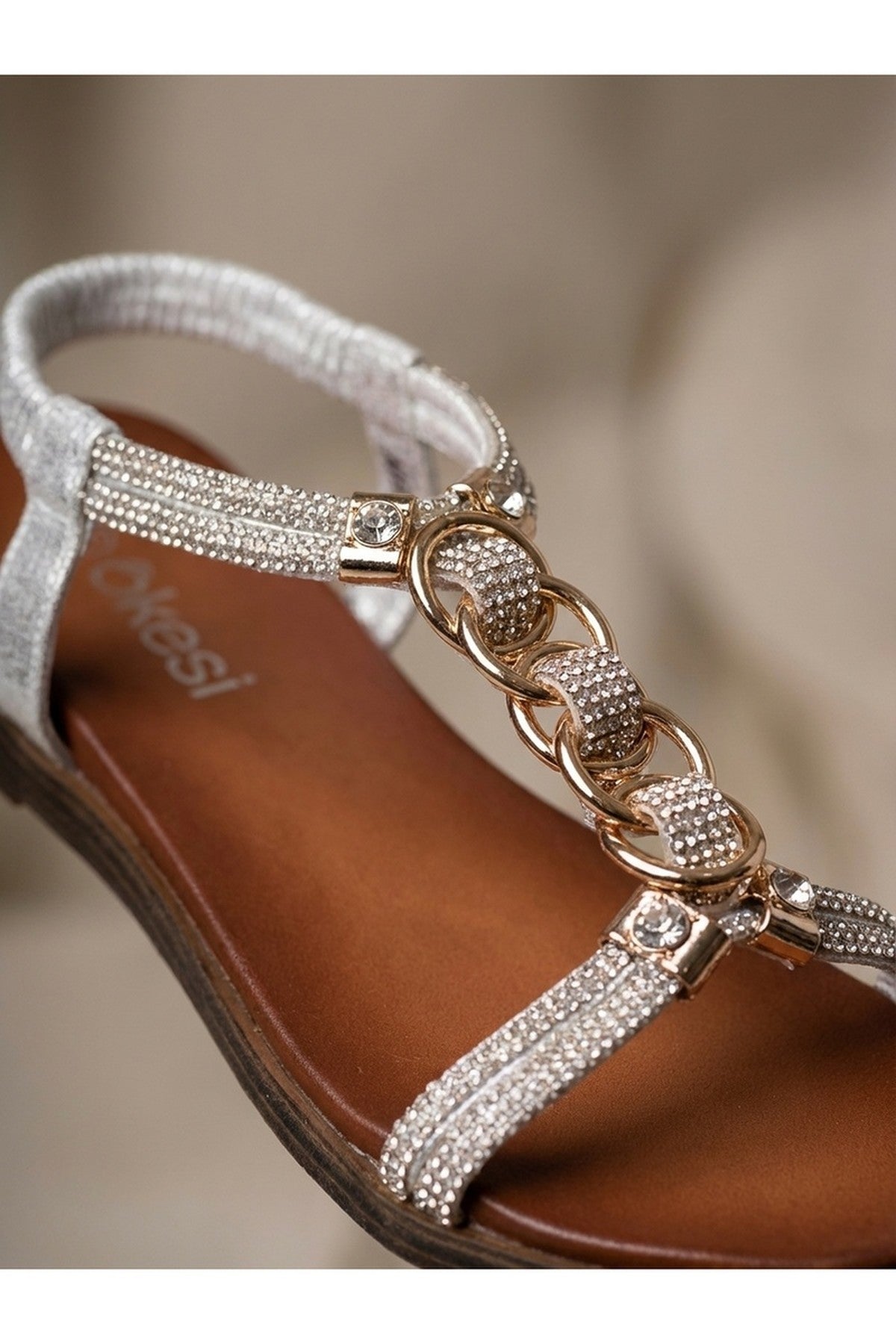 Silver iKrush Silver Grace Rhinestone Chain Flat Sandals, Image 4 of 8