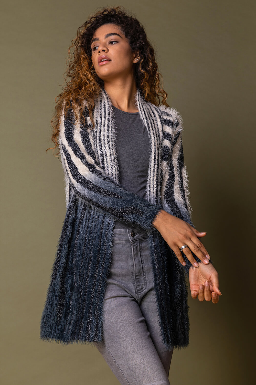 Zebra Print Fluffy Cardigan in Grey - Roman Originals UK