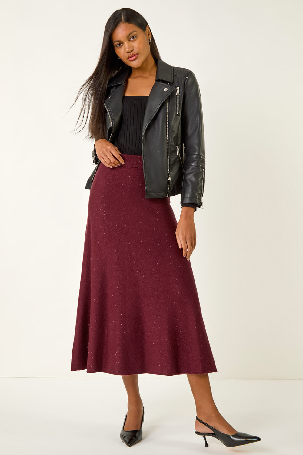 Roman Women's Bordeaux Shimmer Knit Midi Skirt Size 14