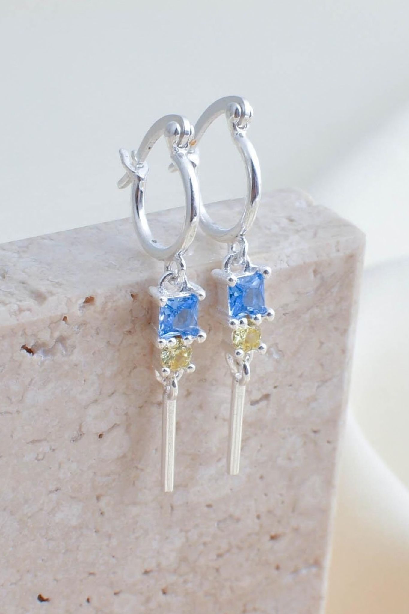 Multi Sterling Silver CZ Blue Yellow Huggie Hoops, Image 1 of 3