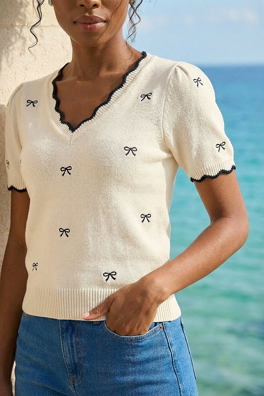 Ivory Bow V-Neck Knit Top, Image 5 of 4