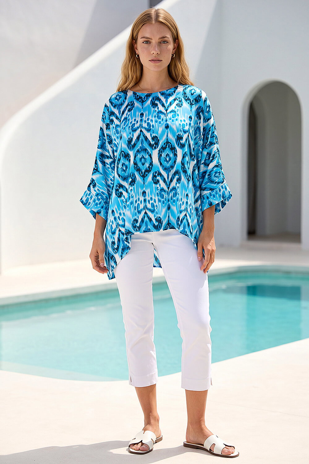 Blue Ikat Print Tunic Top, Image 3 of 4