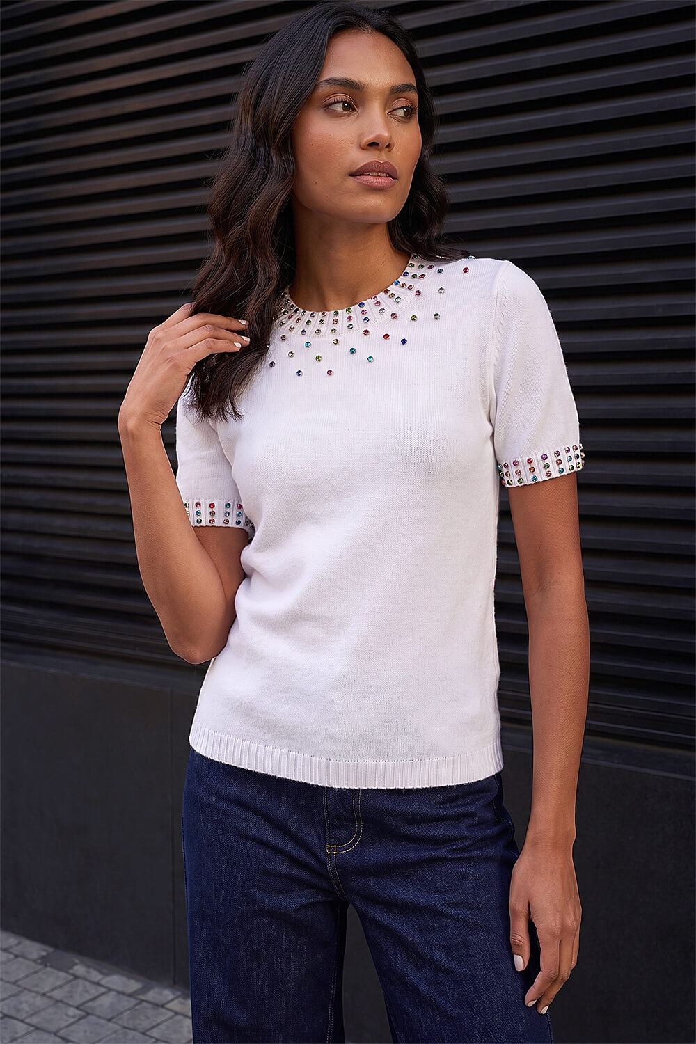 Roman Women's Ivory Embellished Knitted Top Size 20